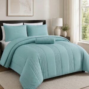 Five-piece queen size quilt set in blue.