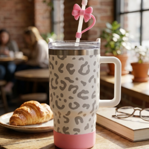 Leopard Print 40oz Tumbler with Handle - Stainless Steel