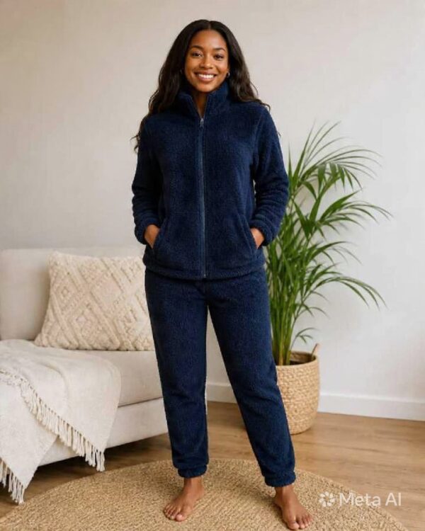 Womens cozy fleece lounge set featuring a zip-up jacket and matching pants.