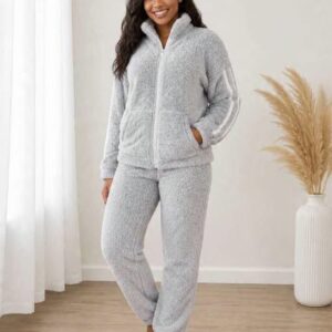 Womens cozy fleece lounge set featuring a zip-up jacket and matching pants.